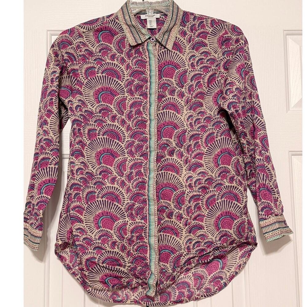 Haute Hippie Boho Geometric Print Button Up Long Sleeve Blouse, Size S